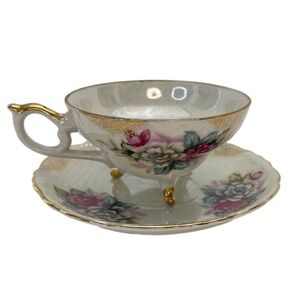 Tea Cup & Saucer Pearl Iridescent Tri-Footed Japan